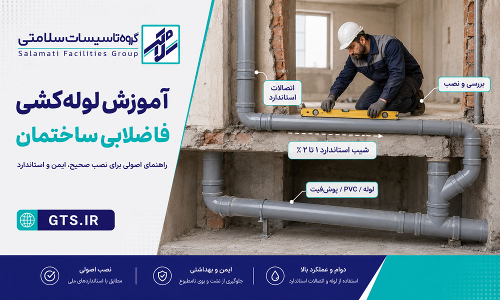 آموزش لوله کشی فاضلابی ساختمان با نمایش لوله‌ها، اتصالات و شیب مناسب نصب