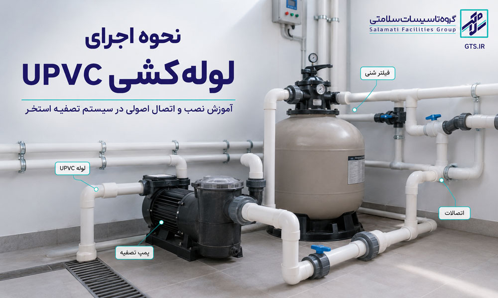 نحوه اجرای لوله کشی UPVC در سیستم تصفیه استخر با پمپ و فیلتر شنی
