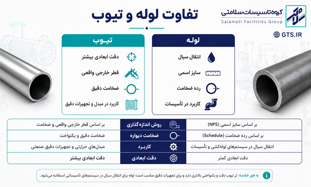 اینفوگرافیک تفاوت لوله و تیوب از نظر سایز، ضخامت و کاربرد
